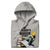 Gray hoodie with graphic design and text on a white background