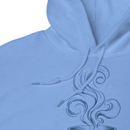 Light blue hoodie with a design of a steaming cup on a white background