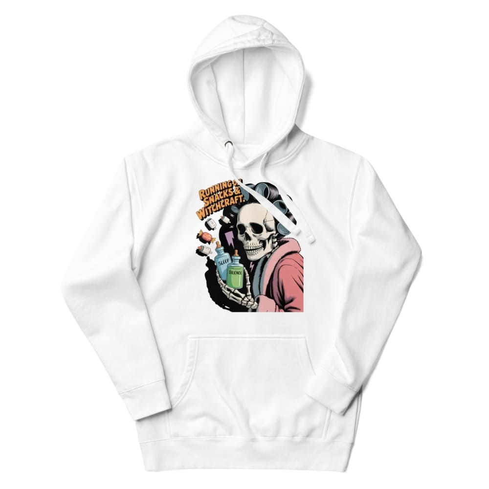 White hoodie with a graphic design of a skeleton and text on a white background
