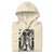 Beige hoodie with a graphic design of a nurse in a hallway on a white background
