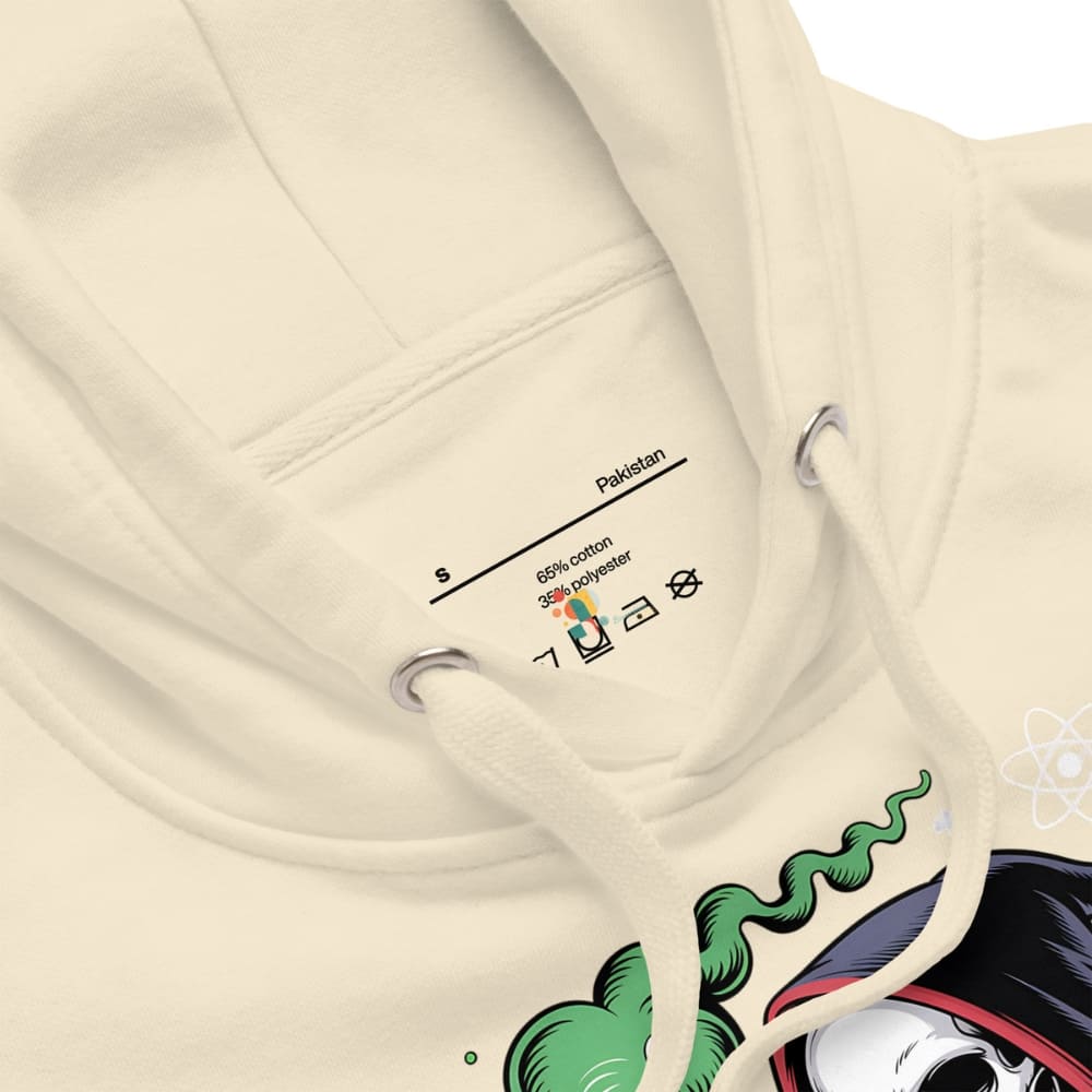 Beige hoodie with a graphic design on a white background