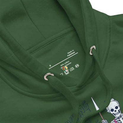 Green hoodie with skeleton design on sleeve and label details.