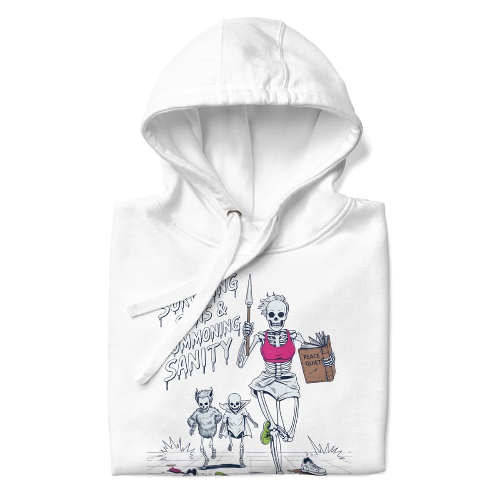 White hoodie with a skeleton design and text on a white background