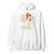 White hoodie with cartoon design and text on a white background