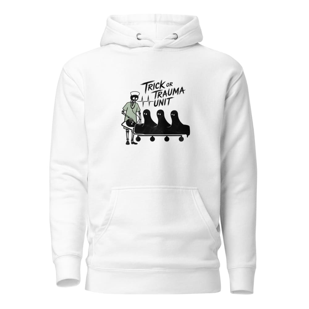 White hoodie with graphic design on a white background