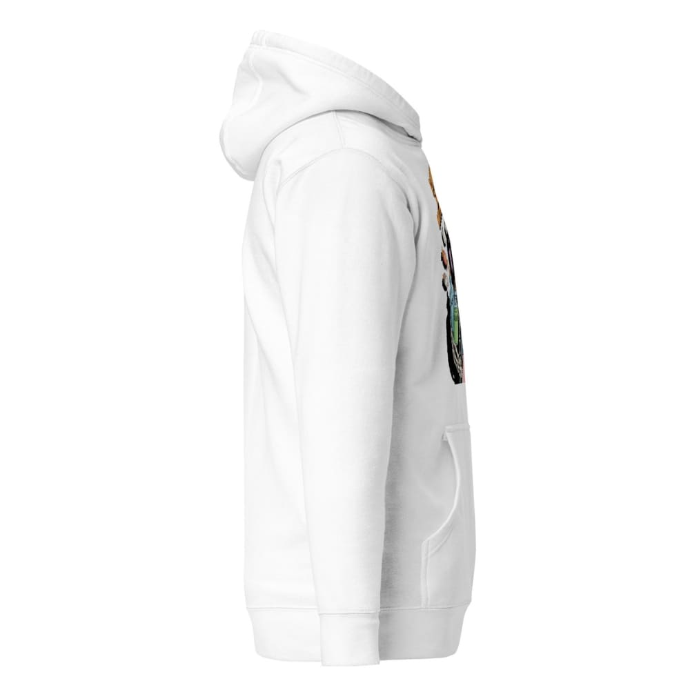 White hoodie with colorful graphics on the sleeve against a white background
