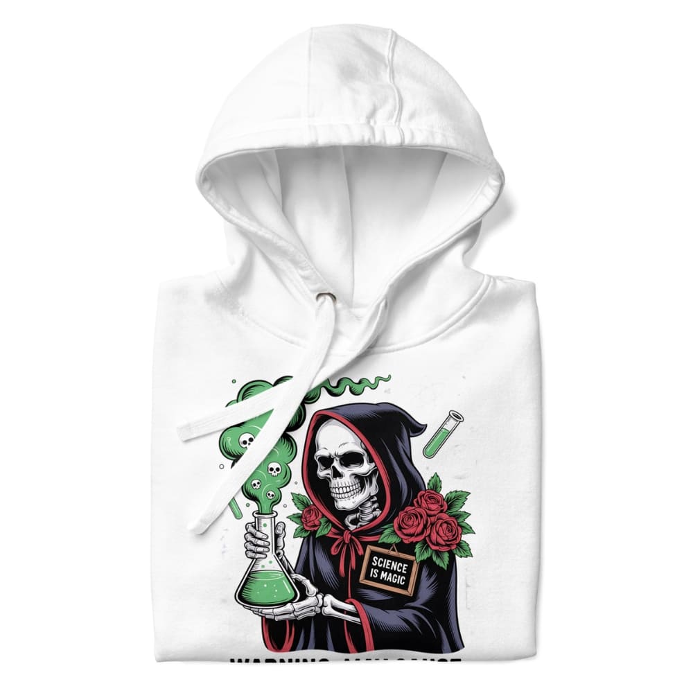White hoodie with a graphic design of a skeleton holding a beaker, roses, and a sign that says 'Science is Magic' on a white background.