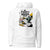 White hoodie with graphic design and text on a white background