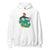 White hoodie with a colorful graphic of a woman and text on a white background