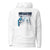 White hoodie with a graphic design on a white background