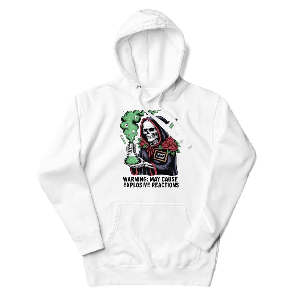 White hoodie with a graphic design of a skeleton holding a plant and text on a white background