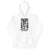 White hoodie with graphic design and text on a white background