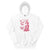 White hoodie with pink graphic design on a white background