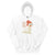White hoodie with cartoon character and text on a white background