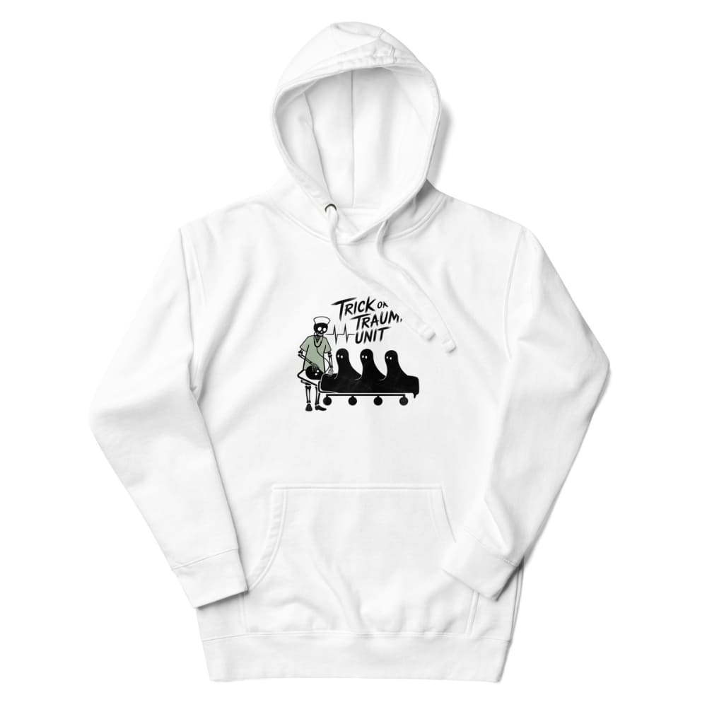 White hoodie with graphic design and text on a white background