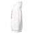 White hoodie with a red logo on the chest against a white background