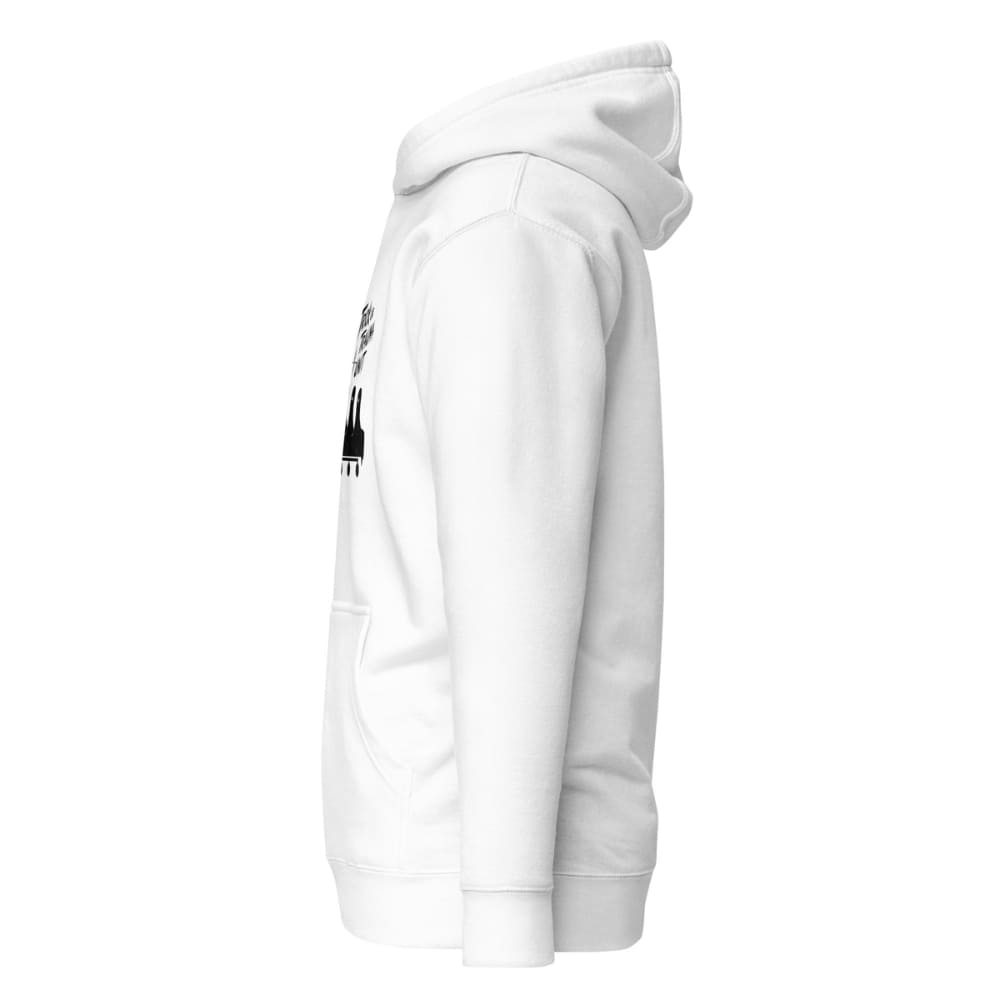 White hoodie with a small logo on the chest against a white background