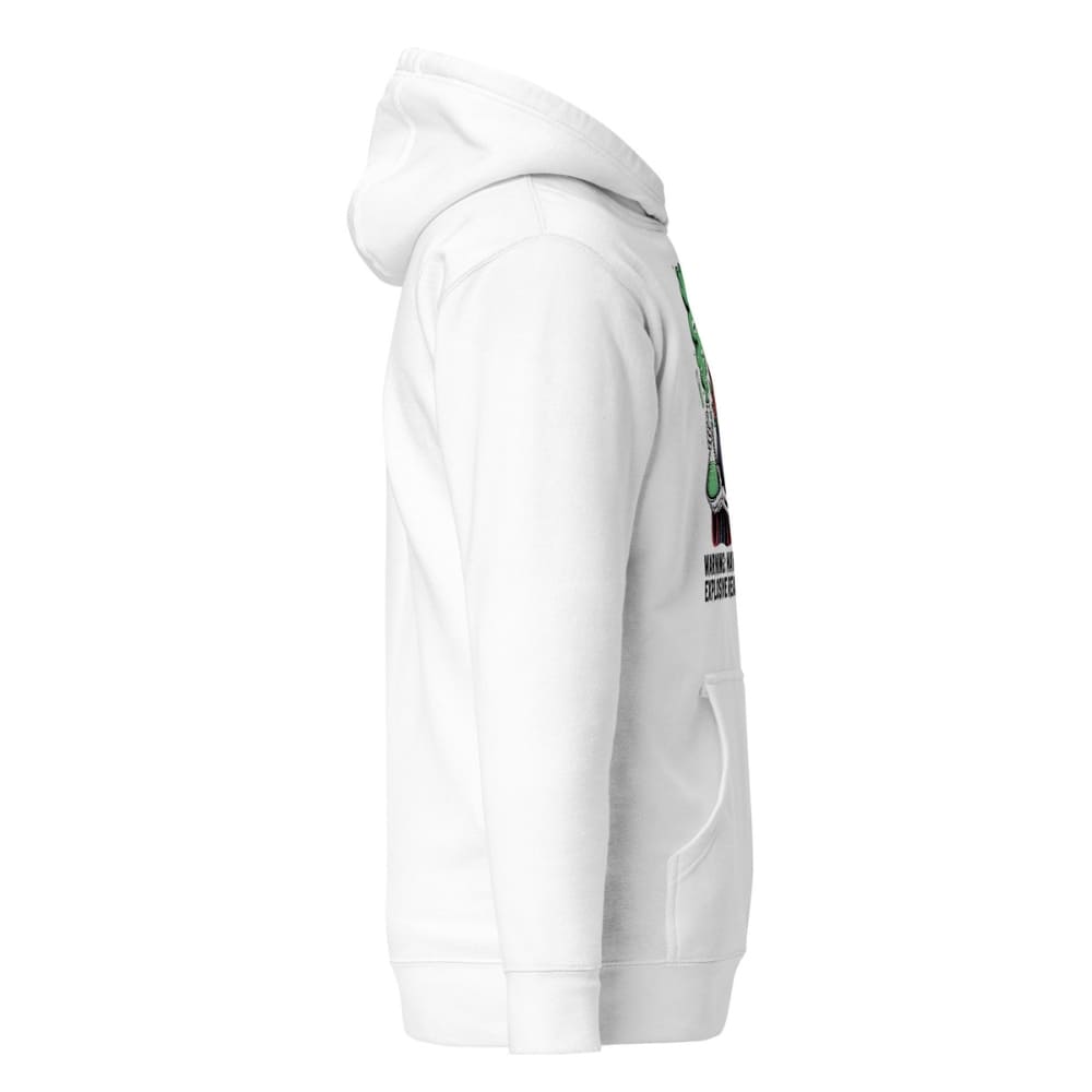 White hoodie with a logo on the sleeve against a white background