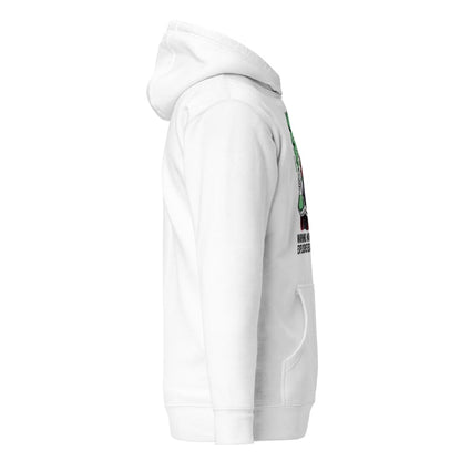 White hoodie with a logo on the sleeve against a white background