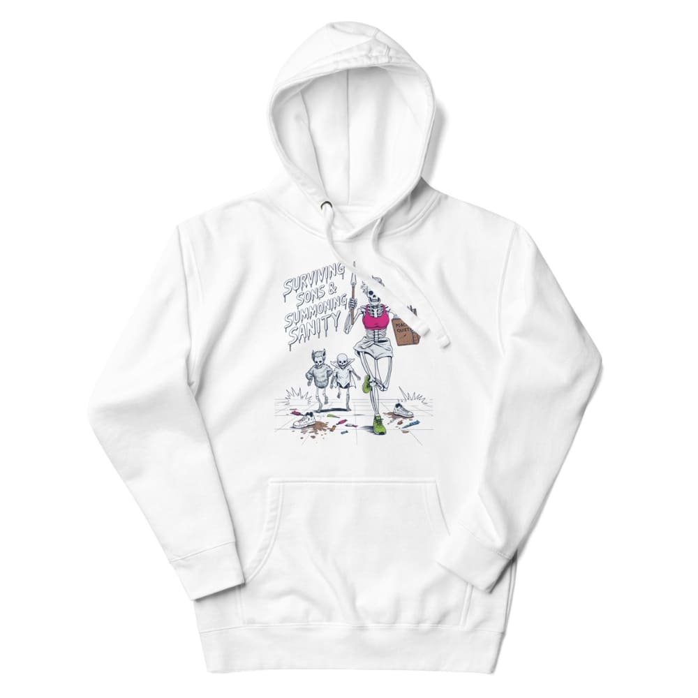 White hoodie with graphic design on a white background