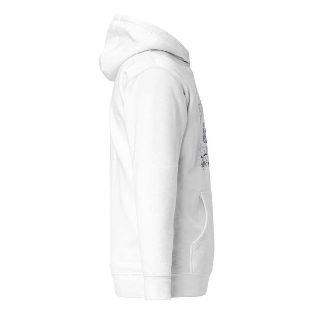 White hoodie with a small graphic on the sleeve against a white background