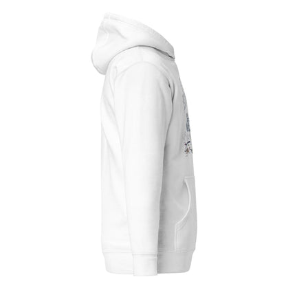 White hoodie with a small graphic on the sleeve against a white background