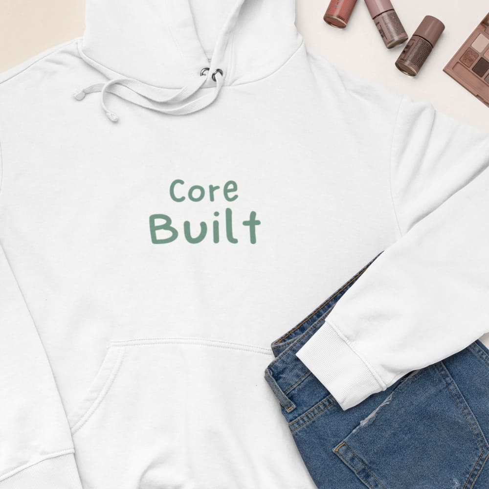 White hoodie with 'Core Built' text on a light background