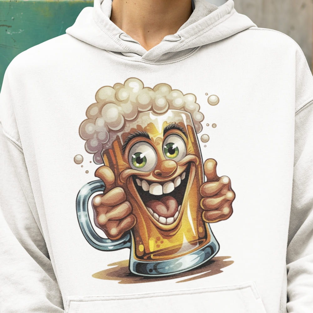 White hoodie with a cartoon beer mug design on a plain background