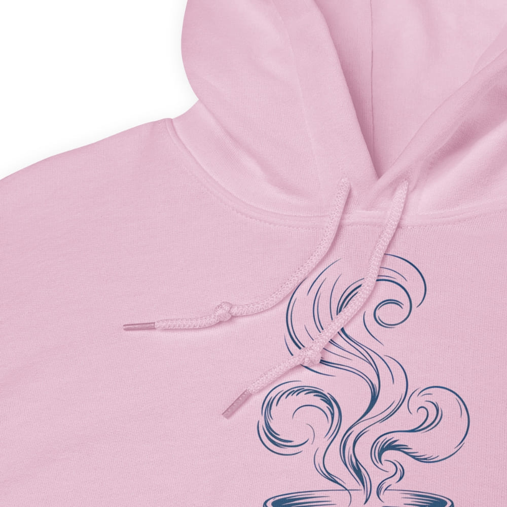 Pink hoodie with a blue coffee cup and steam design on a white background