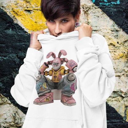 Person wearing a white hoodie with a graphic design of a character on a colorful wall background