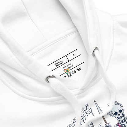 Close-up of a white hoodie with a label and skeleton design on a white background