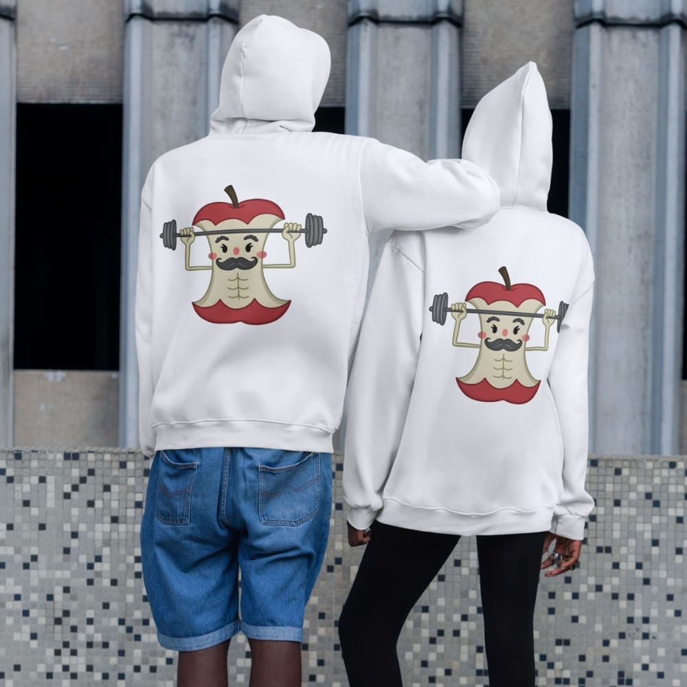 Two people wearing white hoodies with a unique design on the back, standing against a tiled wall.