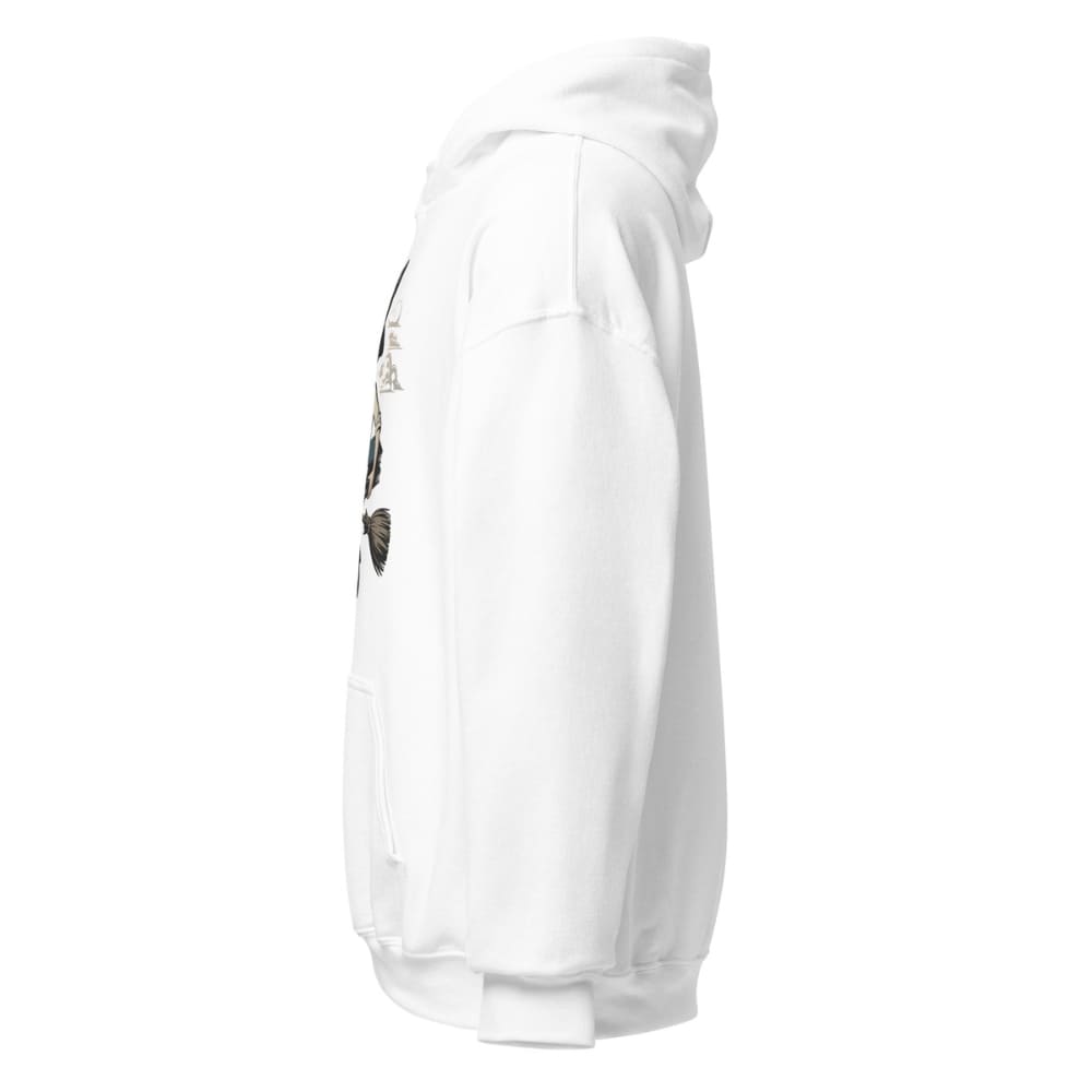 White hoodie with a small graphic on the chest against a white background
