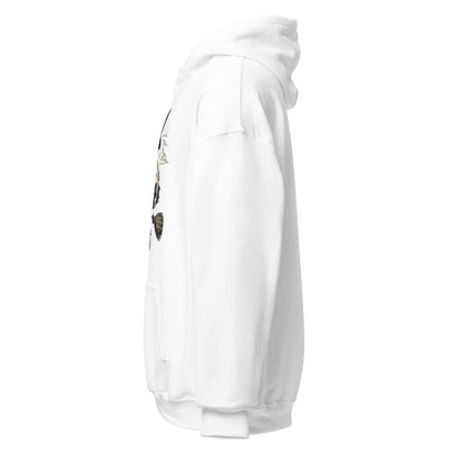 White hoodie with a small graphic on the chest against a white background