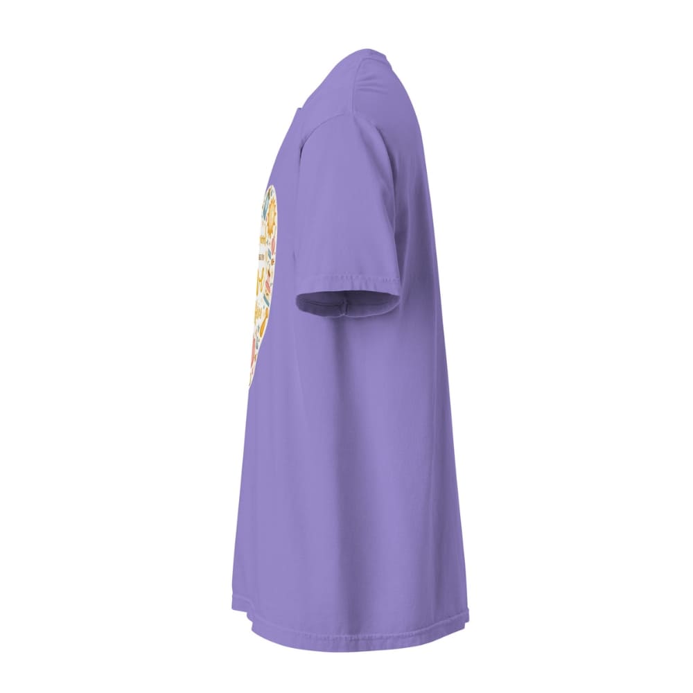 Purple t-shirt with a colorful graphic on the sleeve against a white background