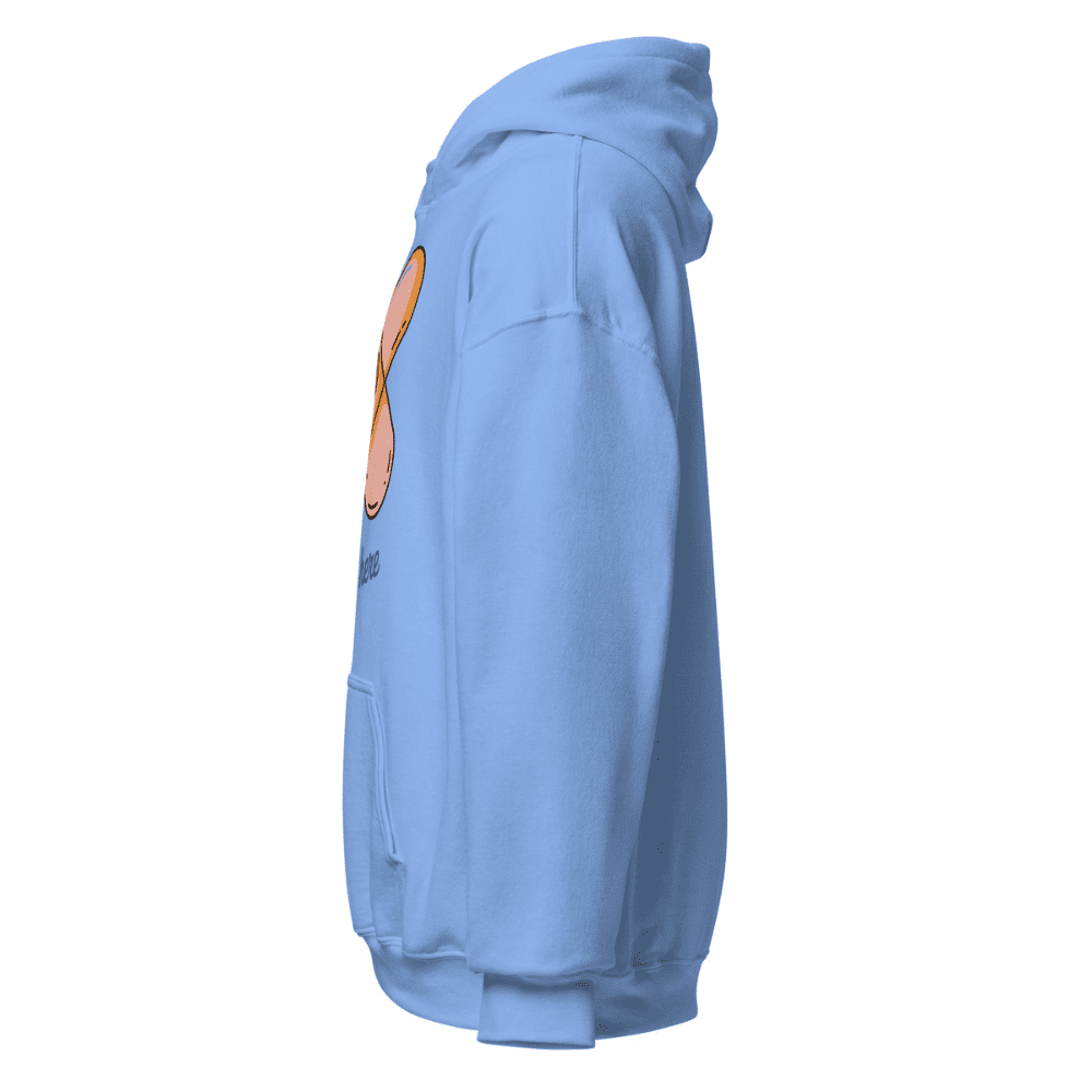 Light blue hoodie with a graphic on the back against a white background
