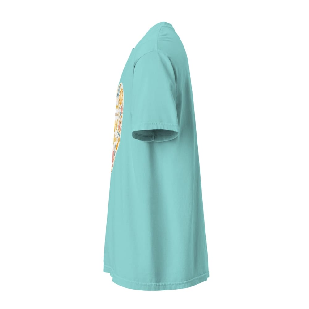 Light blue t-shirt with a graphic design on a white background