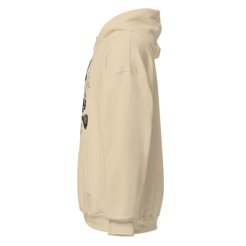 Beige hoodie with a small graphic on the chest against a white background
