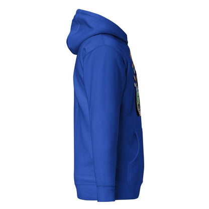 Blue hoodie with a colorful graphic on the sleeve against a white background