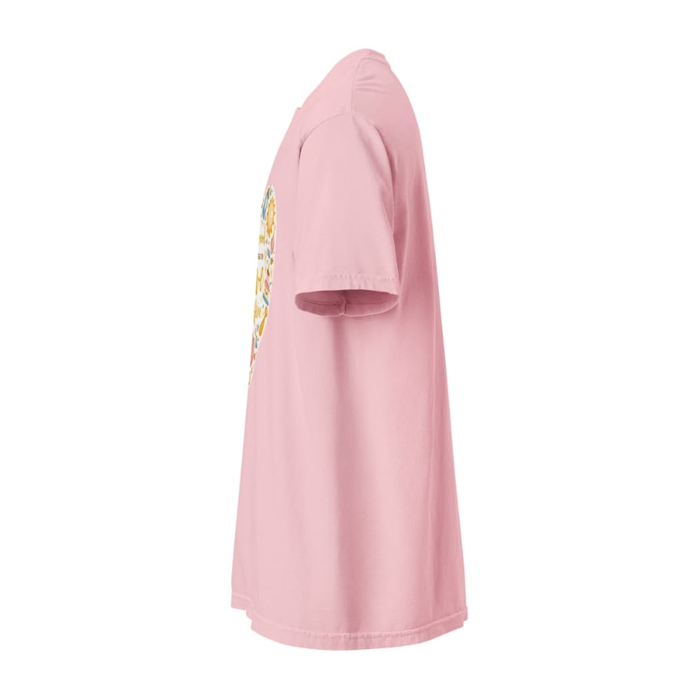 Pink t-shirt with a colorful graphic on the sleeve against a white background