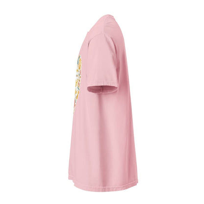 Pink t-shirt with a colorful graphic on the sleeve against a white background