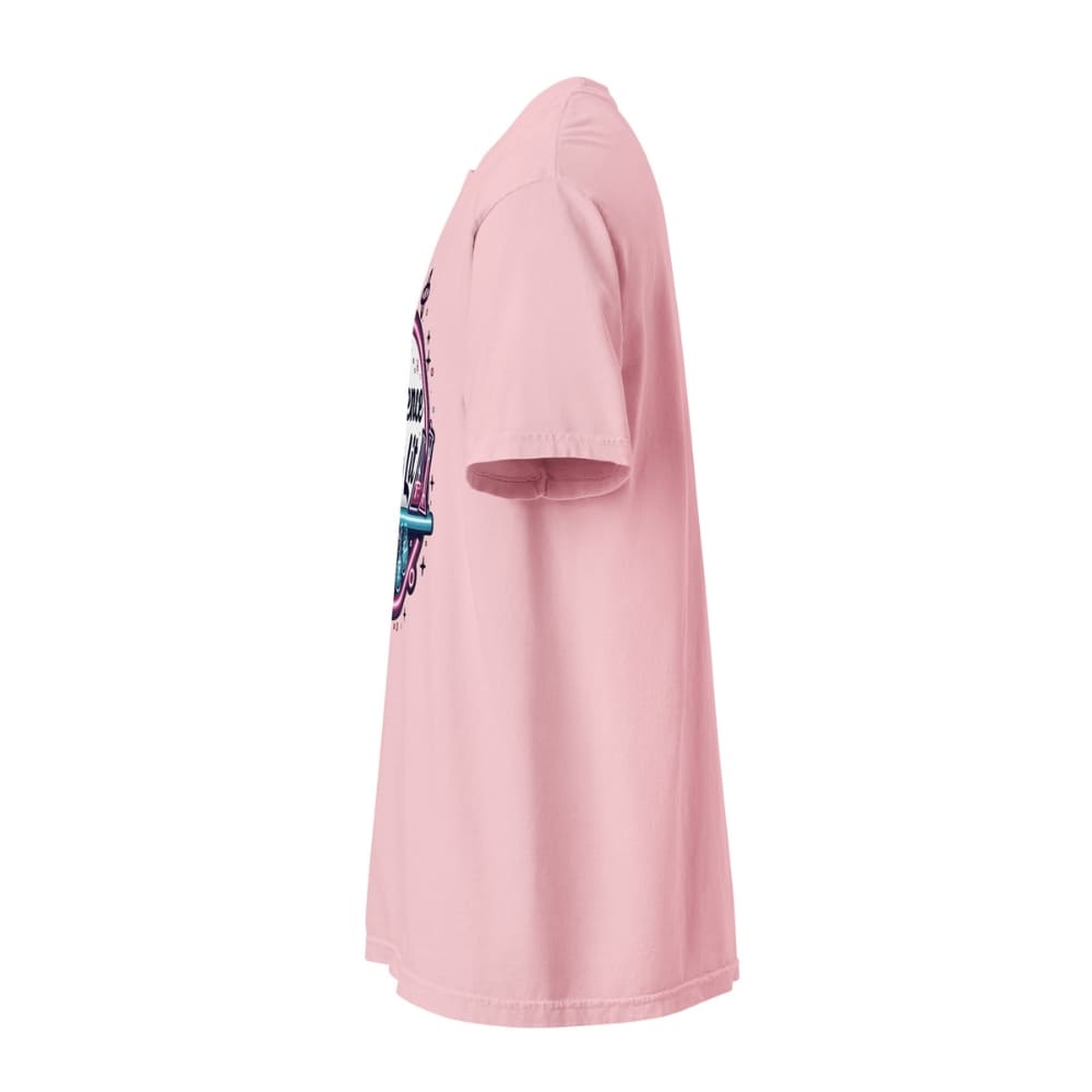 Pink t-shirt with a graphic design on a white background