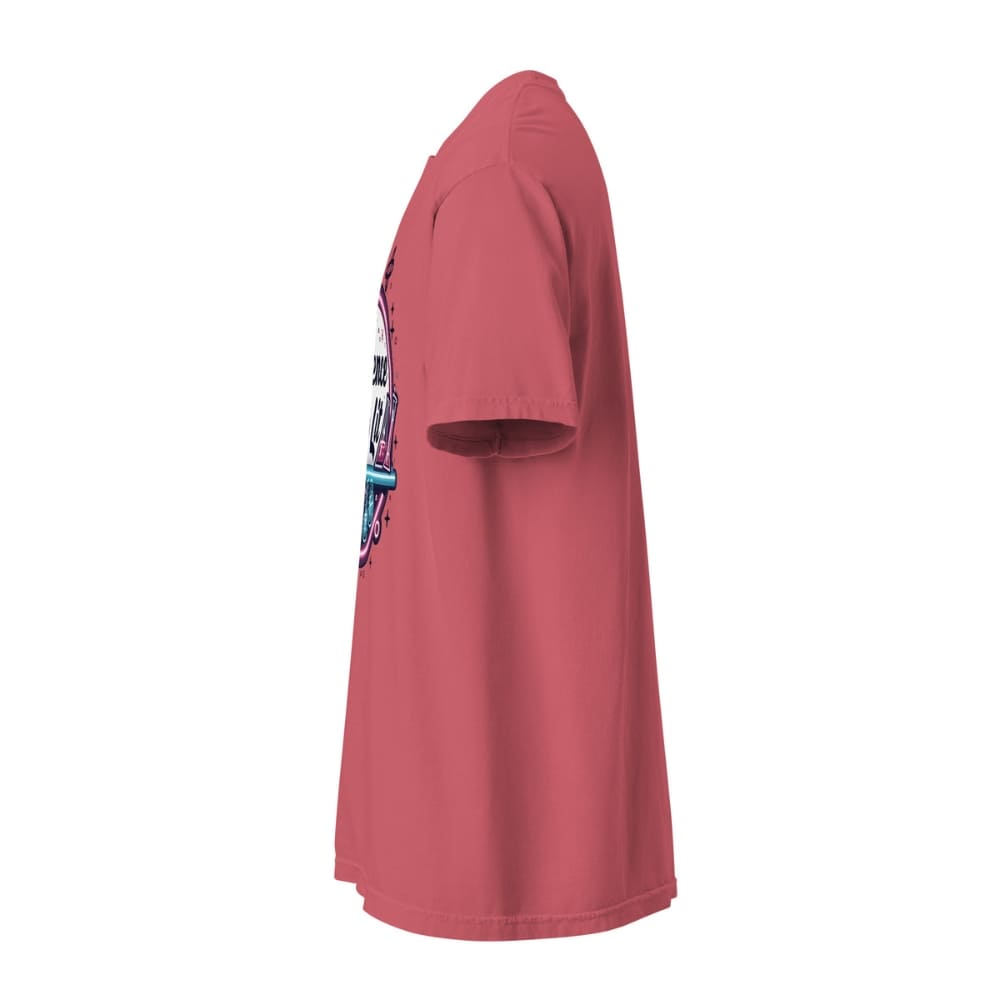 Red t-shirt with a graphic design on a white background