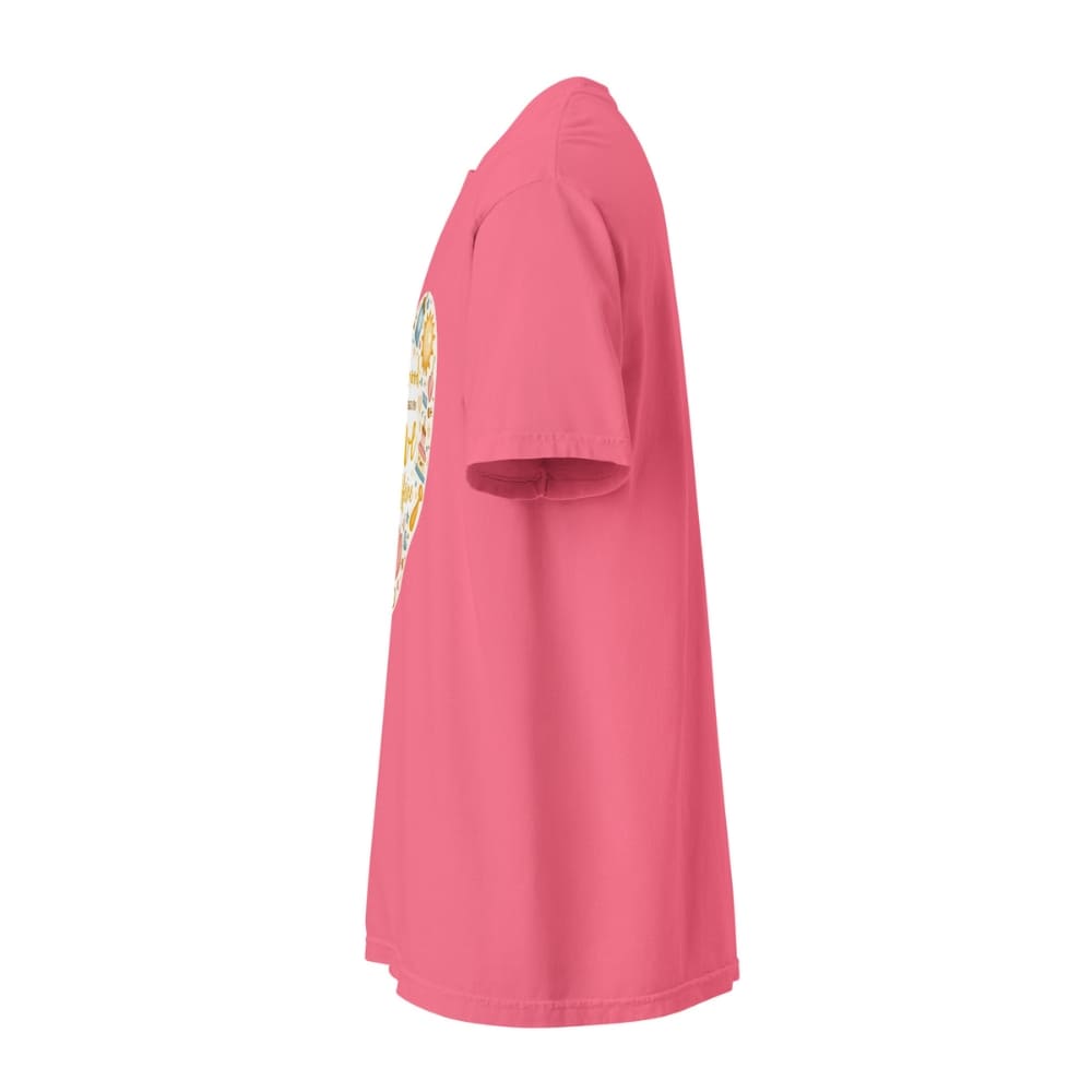 Pink t-shirt with a colorful graphic on the sleeve against a white background