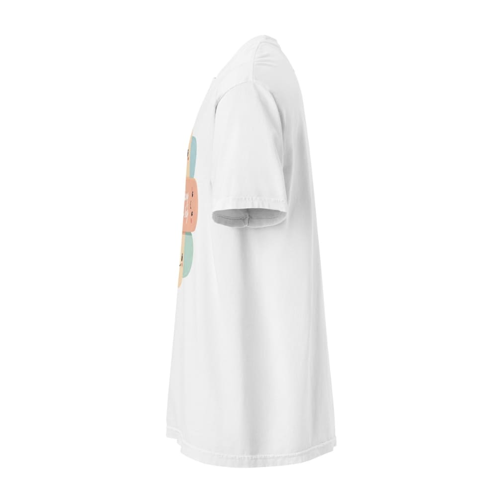 White t-shirt with a colorful graphic on a white background