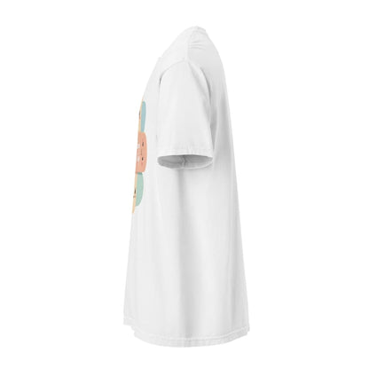 White t-shirt with a colorful graphic on a white background