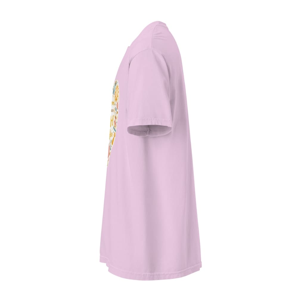 Light purple t-shirt with a small graphic on the sleeve against a white background