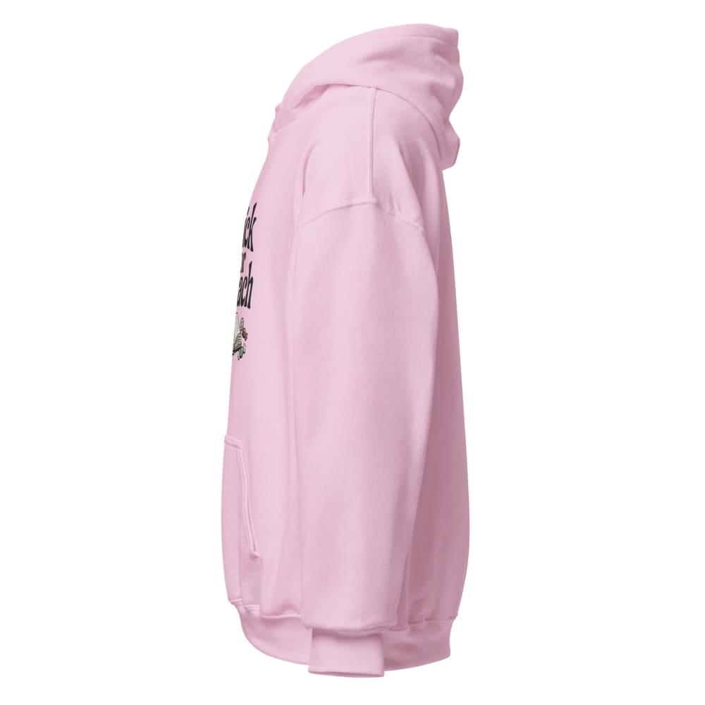 Pink hoodie with text on the sleeve against a white background