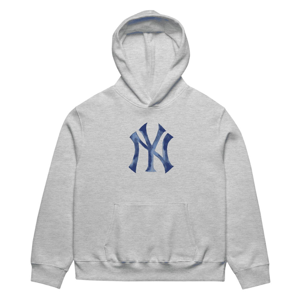 Gray hoodie with a blue logo on a white background