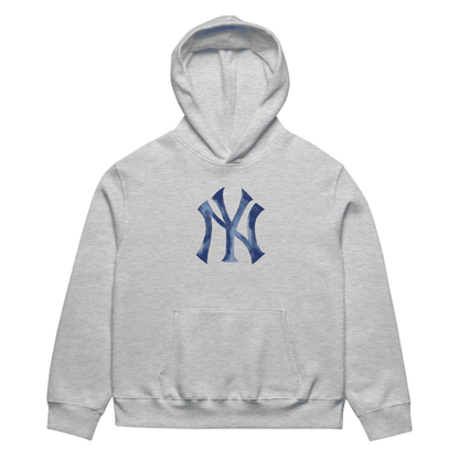 Gray hoodie with a blue logo on a white background
